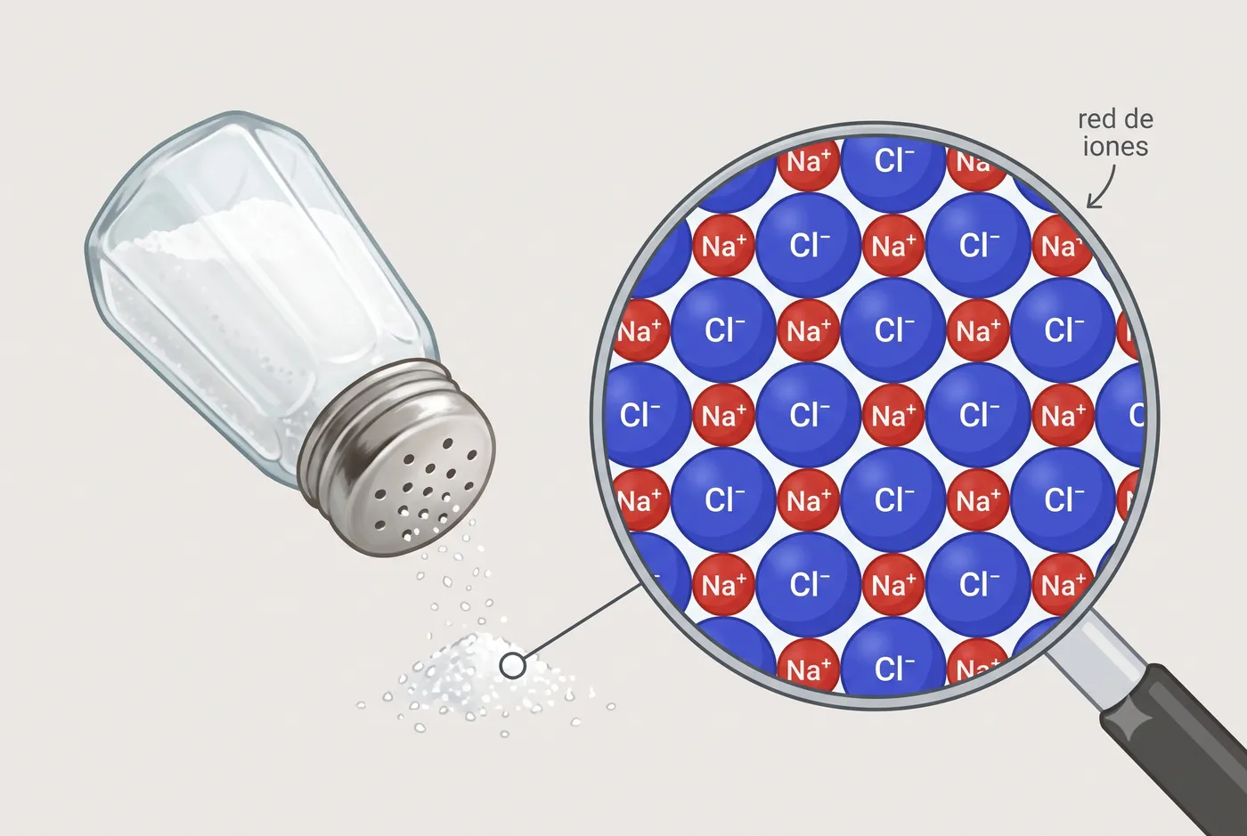 La sal del salero: una red que alterna iones Na⁺ y Cl⁻.