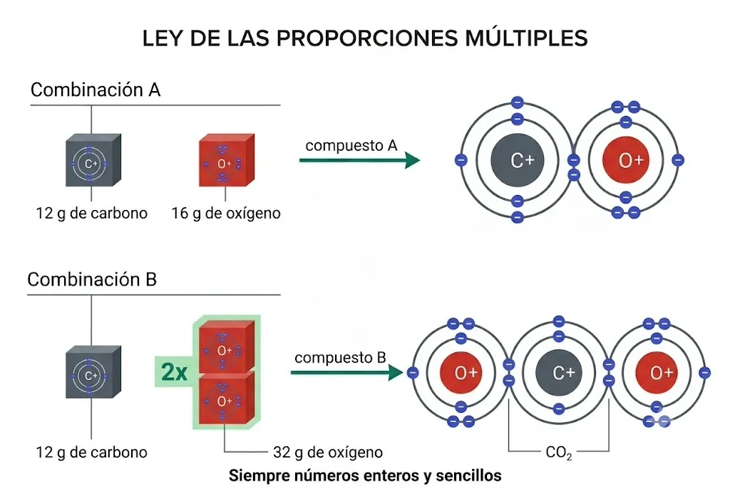 Las cuentas de Dalton: para los mismos 12 g de carbono, el oxígeno entra en 16 g… o en 32, el doble justo
