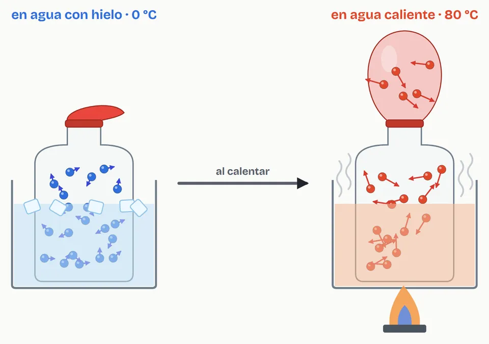 La misma botella con un globo en la boca. En agua con hielo, las partículas del aire van despacio y el globo cuelga desinflado. En agua caliente, al fuego, las mismas partículas van más deprisa, el aire se expande y llena también el globo. Las flechas de la rapidez están exageradas para que se vean