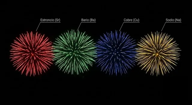 Cada color de un fuego artificial es un elemento hablando: estroncio rojo, bario verde, cobre azul y sodio dorado (amplía con un clic).