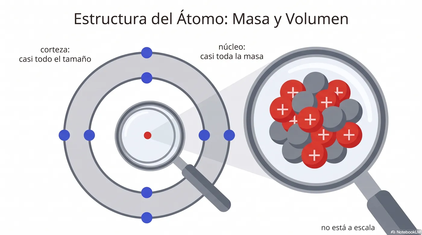 El mapa del átomo: la corteza pone el tamaño y el núcleo, visto con lupa, concentra la masa