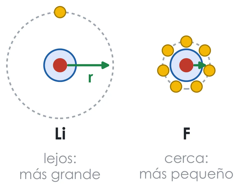 Radio atómico. El litio y el flúor tienen los electrones de valencia en el nivel 2, pero el núcleo del flúor los atrae más y los tiene más cerca: es más pequeño