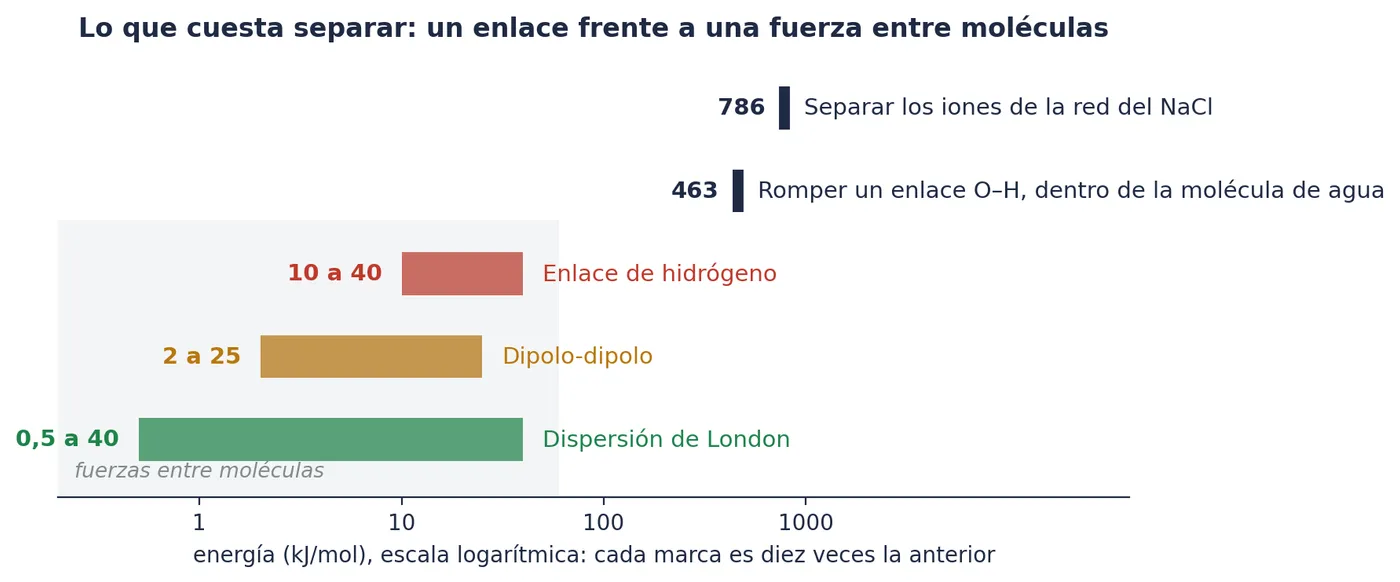 Lo que cuesta separar, en escala logarítmica: cada marca es diez veces la anterior. Los iones de la red del NaCl y el enlace O⁠–⁠H, arriba; las tres fuerzas entre moléculas, abajo, mucho más débiles