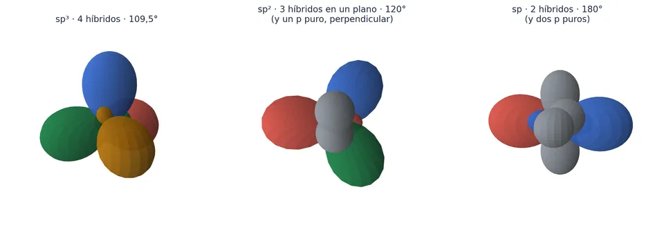 Los tres tipos de hibridación: cuatro híbridos sp³, a 109,5°; tres sp², en un plano, a 120°, con un orbital p sin hibridar perpendicular al plano; y dos sp, a 180°, con dos p sin hibridar. Cada híbrido lleva un color, y los p sin hibridar van en gris