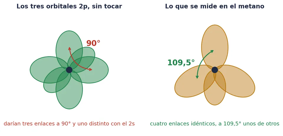 A la izquierda, los tres orbitales 2p del carbono, perpendiculares entre sí: con ellos saldrían tres enlaces a 90° y un cuarto distinto, con el 2s. A la derecha, lo que se mide en el metano: cuatro enlaces idénticos, a 109,5°