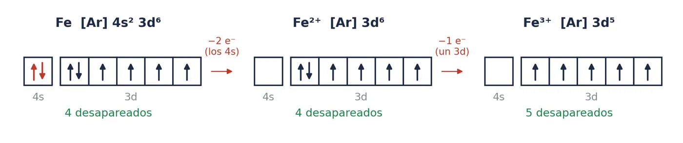 El hierro y sus dos iones: primero se van los dos electrones del 4s; el tercero sale ya de un 3d