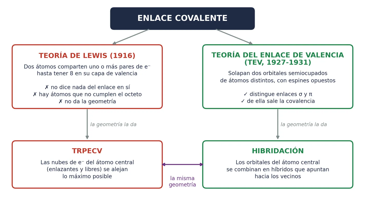 El mapa de las dos teorías del enlace covalente. Por la izquierda, Lewis y la TRPECV; por la derecha, la teoría del enlace de valencia y la hibridación. Las dos llegan a la misma geometría